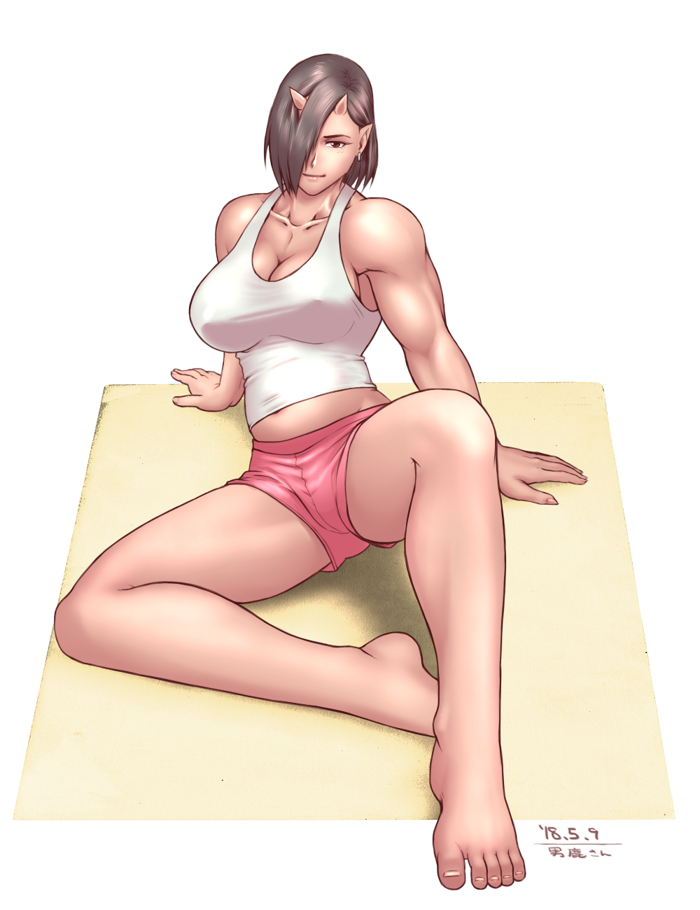 1girl barefoot big_belly black_hair breasts brown_eyes cleavage collarbone covered_nipples earrings elf-san_wa_yaserarenai. foreshortening hair_over_one_eye highres jewelry large_breasts looking_at_viewer midriff muscle muscular_female no_bra oga-san oni oni_horns reclining red_oni red_skin short_hair short_shorts shorts sitting taikyokuturugi tank_top toes