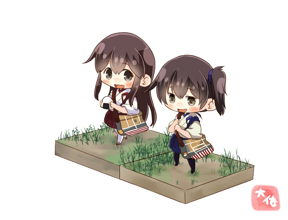 2girls :d akagi_(kantai_collection) artist_name bag black_legwear blue_hakama brown_eyes brown_hair chibi cross_section faux_figurine food grey_footwear hair_between_eyes hakama hakama_skirt holding holding_food isometric japanese_clothes kaga_(kantai_collection) kantai_collection long_hair multiple_girls onigiri open_mouth red_hakama shoes short_hair shoulder_bag side_ponytail simple_background smile solo taisa_(kari) tasuki thigh-highs white_background white_legwear