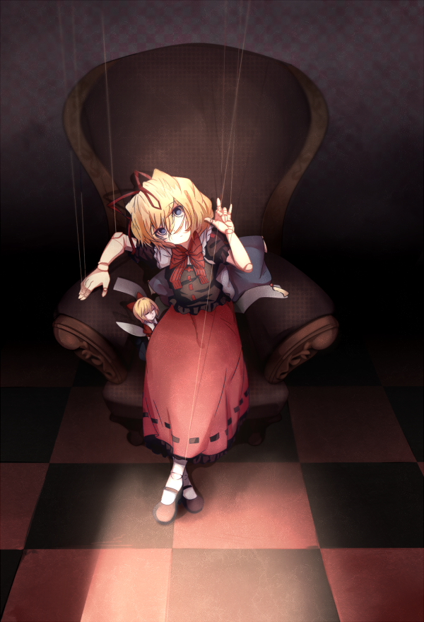 2girls blank_eyes blonde_hair blue_eyes chair closed_eyes doll doll_joints expressionless hair_ribbon mary_janes medicine_melancholy medium_hair multiple_girls puffy_short_sleeves puffy_sleeves qwer1234777 red_skirt ribbon shoes short_sleeves skirt string su-san touhou