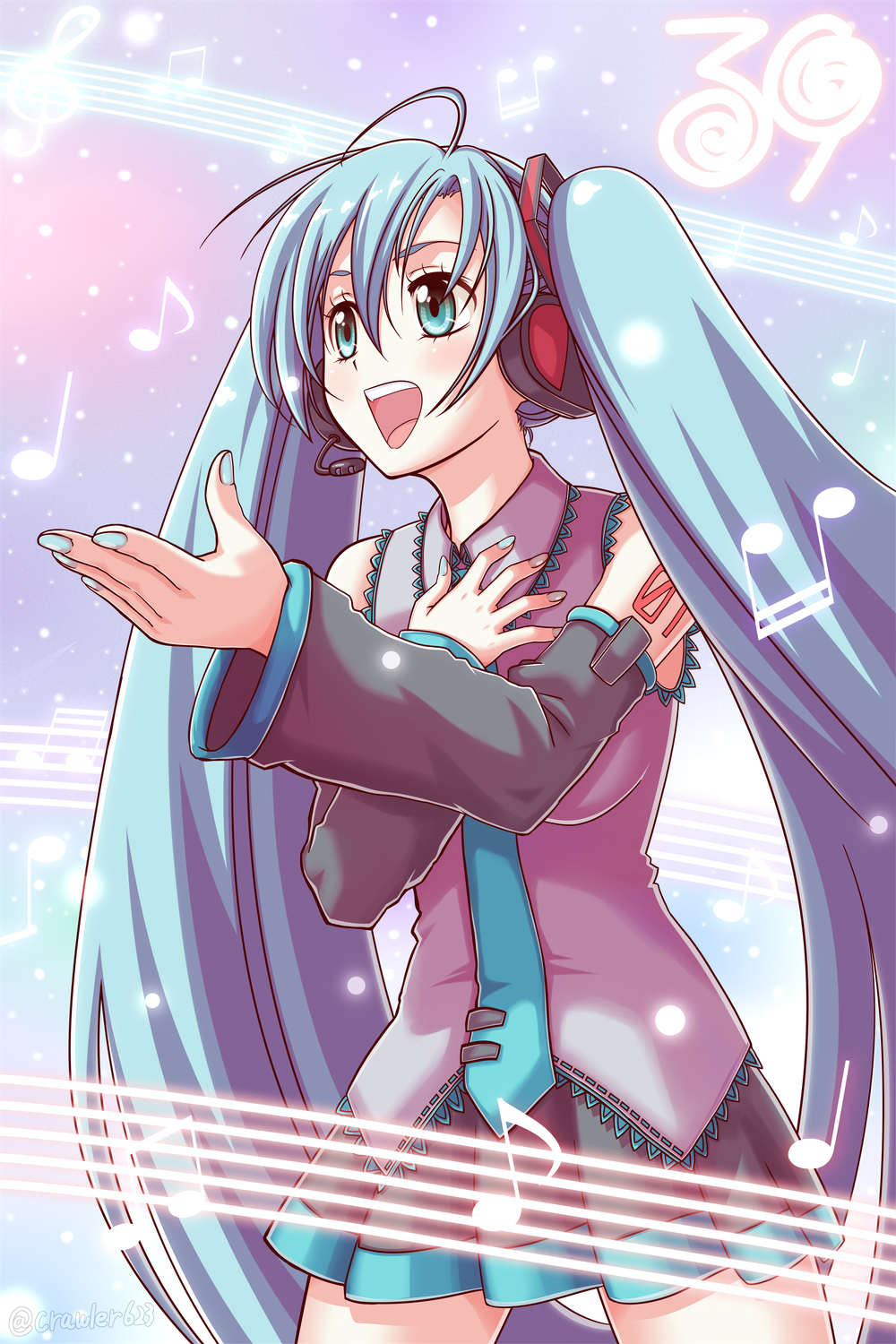 1girl aqua_hair crawler623 detached_sleeves hand_on_own_chest hatsune_miku headset highres miniskirt music musical_note necktie open_mouth singing skirt solo staff_(music) treble_clef twintails vocaloid