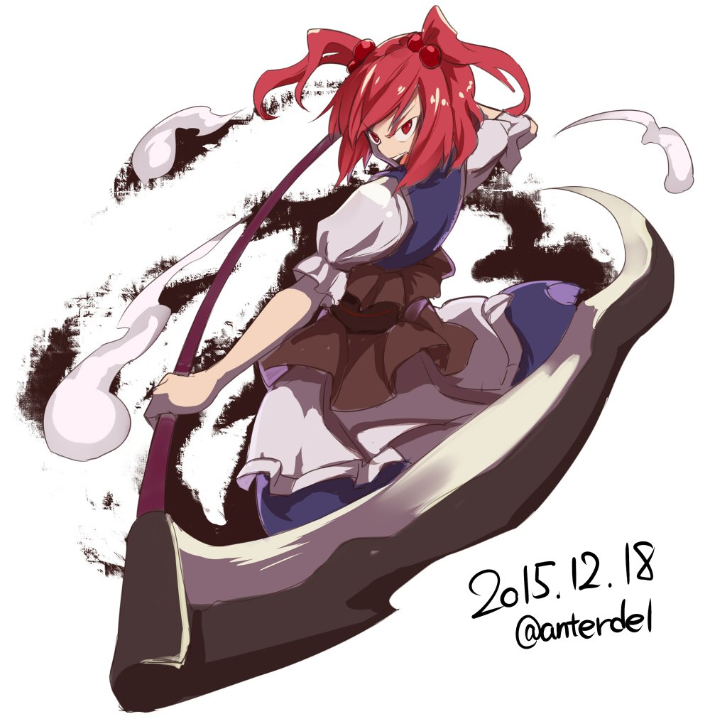 1girl apron asutora commentary_request copyright_request dated dress ghost_tail hair_bobbles hair_ornament holding holding_weapon onozuka_komachi open_mouth puffy_short_sleeves puffy_sleeves purple_dress redhead sash scythe short_sleeves solo standing touhou twintails twitter_username weapon