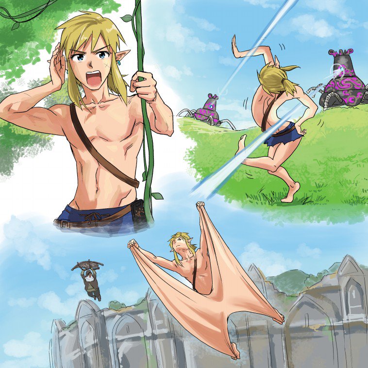 1boy blonde_hair character_request dodging flying_squirrel gliding grass guardian_(breath_of_the_wild) link long_hair monbetsu_kuniharu nintendo plant pointy_ears ponytail scar short_hair stretched_limb the_legend_of_zelda the_legend_of_zelda:_breath_of_the_wild vines weapon what