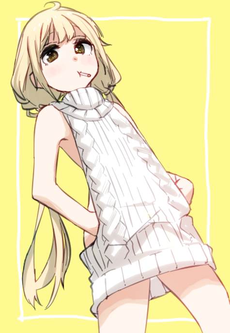 1girl apple_(ygbhjdbiulsg) aran_sweater blonde_hair brown_eyes candy commentary_request cowboy_shot dress food futaba_anzu halterneck idolmaster idolmaster_cinderella_girls lollipop long_hair looking_at_viewer low_twintails meme_attire mouth_hold naked_sweater simple_background solo sweater sweater_dress twintails virgin_killer_sweater white_sweater