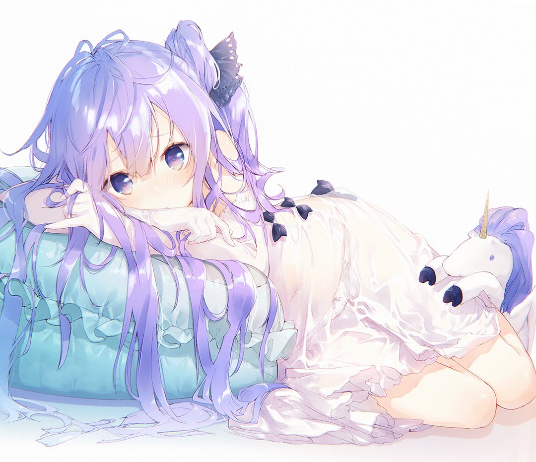 1girl azur_lane dress elbow_gloves gloves hair_bun lying panties purple_hair see-through underwear unicorn_(azur_lane) violet_eyes white_dress white_panties yatsuha_(hachiyoh)