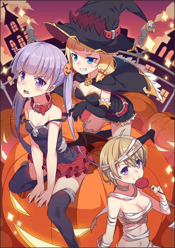 3girls bandage belt between_legs black_cape black_dress black_gloves black_hat black_legwear black_shirt blonde_hair blue_eyes blush boy30422 breasts cape cleavage collarbone dress elbow_gloves food_themed_hair_ornament gloves grin hair_ornament halloween halloween_costume hand_between_legs hat holding iijima_yun kneeling layered_skirt long_hair looking_at_viewer medium_breasts midriff miniskirt multiple_girls naked_bandage navel new_game! off_shoulder open_mouth pumpkin pumpkin_hair_ornament purple_hair red_skirt sakura_nene shirt short_dress short_hair skirt sleeveless sleeveless_dress sleeveless_shirt small_breasts smile stomach strapless strapless_dress suzukaze_aoba thigh-highs twintails under_boob very_long_hair violet_eyes witch_hat