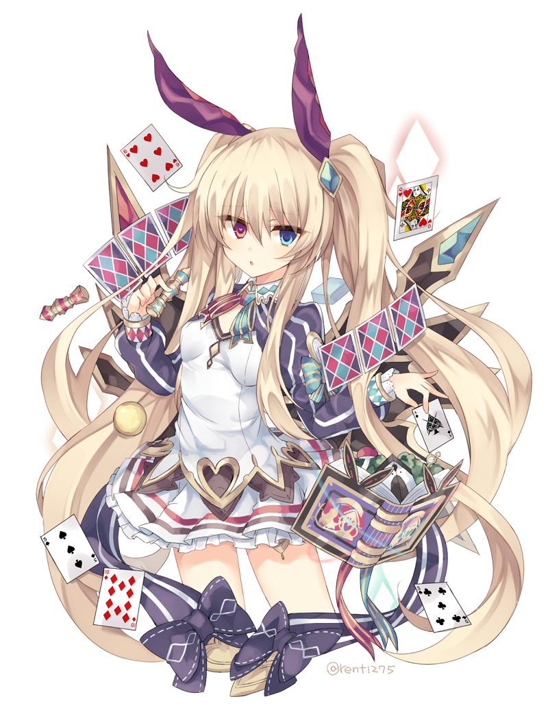 1girl :o ace_of_spades blue_eyes bow chess_piece club_(shape) diamond_(shape) dress grimms_notes hair_bow heart heart-shaped_pupils heart_card heterochromia long_sleeves looking_at_viewer multicolored multicolored_clothes multicolored_dress purple_dress queen_(chess) queen_of_hearts_(card) red_eyes rento_(rukeai) solo spade_(shape) symbol-shaped_pupils white_dress