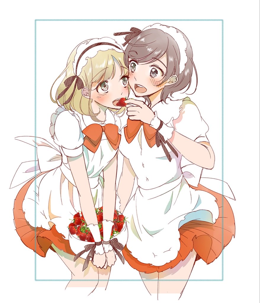2girls :d apron asagao_to_kase-san blonde_hair blush bow bowl bowtie brown_hair couple eye_contact eyebrows_visible_through_hair face-to-face feeding food frame fruit green_eyes grey_eyes holding holding_bowl holding_fruit kase_tomoka looking_at_another multiple_girls open_mouth short_hair simple_background smile strawberry white_background yamada_yui yuri