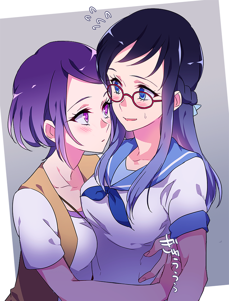 2girls between_breasts blue_eyes blue_hair blush breasts dokidoki!_precure glasses grey_background hishikawa_rikka hug kenzaki_makoto long_hair looking_at_another medium_breasts multiple_girls negom precure purple_hair red-framed_eyewear short_hair short_sleeves violet_eyes yuri