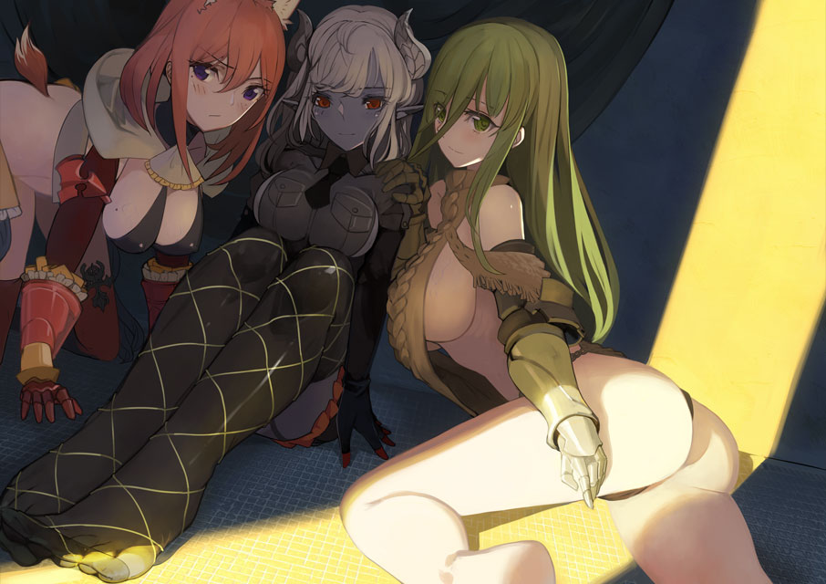 3girls :/ all_fours animal_ears arm_support ass bangs bare_legs bare_shoulders barefoot black_gloves black_legwear black_neckwear blue_skin blush breasts closed_mouth collarbone commentary_request covered_nipples cravat curtains demon_girl demon_horns dutch_angle elbow_gloves eyebrows_visible_through_hair eyelashes fantasy feet fox_ears fox_girl fox_tail frilled_gauntlets furrowed_eyebrows garter_straps gauntlets gloves green_eyes green_hair hair_between_eyes hand_on_another's_shoulder hand_up hanging_breasts hood hood_down horns indoors knees_up large_breasts light_smile long_hair looking_at_viewer looking_to_the_side lying medium_breasts meme_attire mole mole_on_breast mole_under_eye multiple_girls necktie no_shoes on_side original panties parted_bangs pointy_ears pupps red_eyes red_legwear redhead revealing_clothes short_hair short_necktie short_sleeves sideboob sitting swept_bangs tail thigh-highs tile_floor tiles toes turtleneck under_boob underwear violet_eyes virgin_killer_sweater white_hair white_neckwear wing_collar