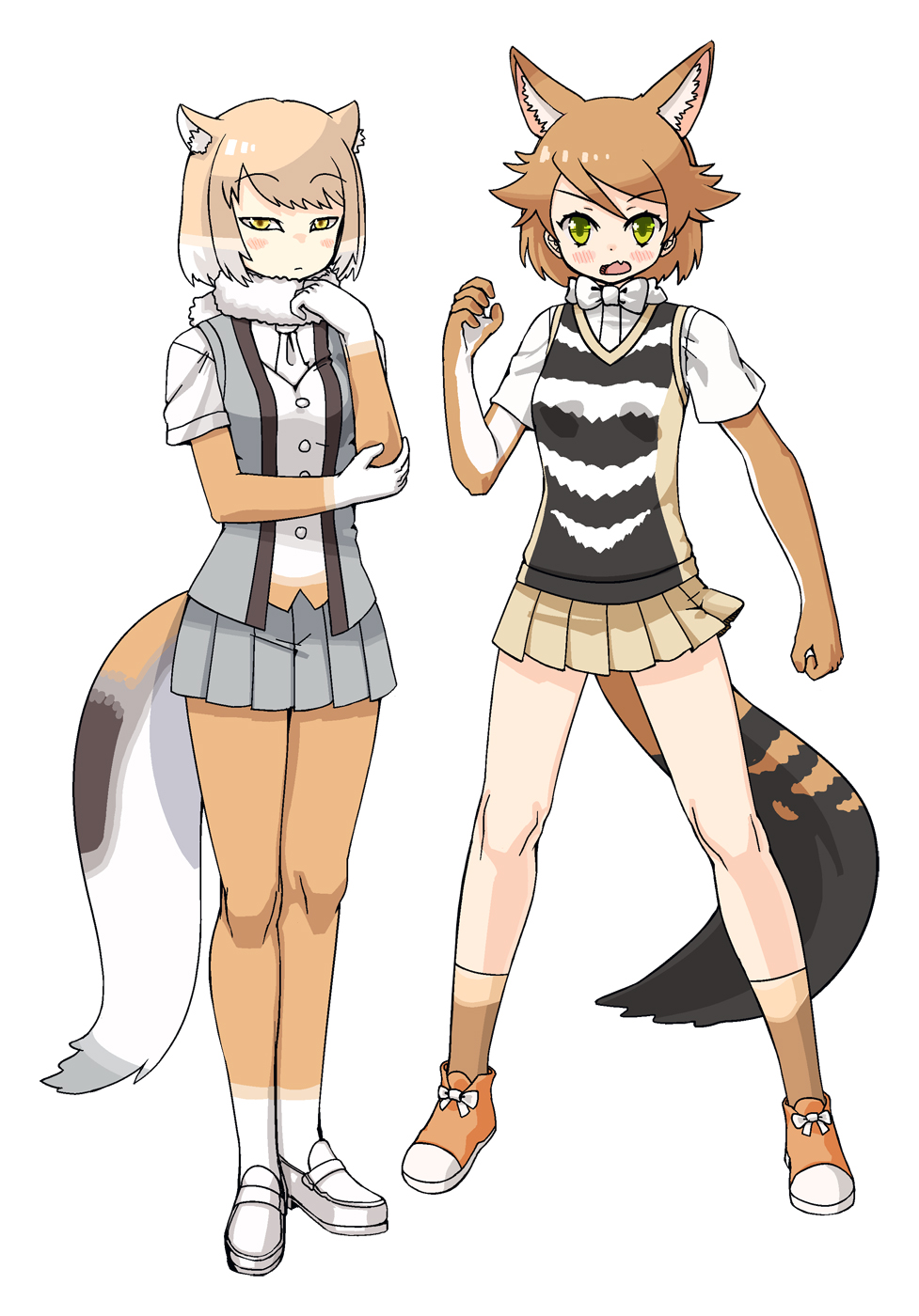 2girls animal_ears black-backed_jackal_(kemono_friends) blush bow bowtie elbow_gloves eyebrows_visible_through_hair fang fox_ears fox_tail fur_collar gloves highres jackal_ears jackal_tail kemono_friends light_brown_hair moriko_(moliko) multicolored_hair multiple_girls necktie open_clothes open_vest pantyhose pleated_skirt shirt short_hair short_sleeves skirt socks t-shirt tail tibetan_sand_fox_(kemono_friends) vest white_hair