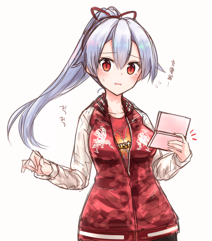 1girl :o blush buster_shirt embarrassed fate/grand_order fate_(series) hair_ribbon head_tilt jacket long_hair looking_at_viewer o_h_miona ponytail red_eyes ribbon shirt silver_hair solo sweatdrop t-shirt tomoe_gozen_(fate/grand_order) translation_request twitter_username