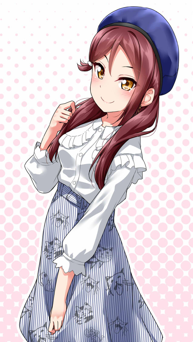 1girl animal_print beret blue_hat brown_eyes cat_print commentary_request earrings frilled_shirt_collar frills hair_ornament hair_over_shoulder hairclip halftone halftone_background hand_on_own_chest hat jewelry long_hair long_sleeves looking_at_viewer love_live! love_live!_sunshine!! print_skirt redhead sakurauchi_riko shirt skirt smile solo striped vertical-striped_skirt vertical_stripes white_shirt yellow_eyes yopparai_oni