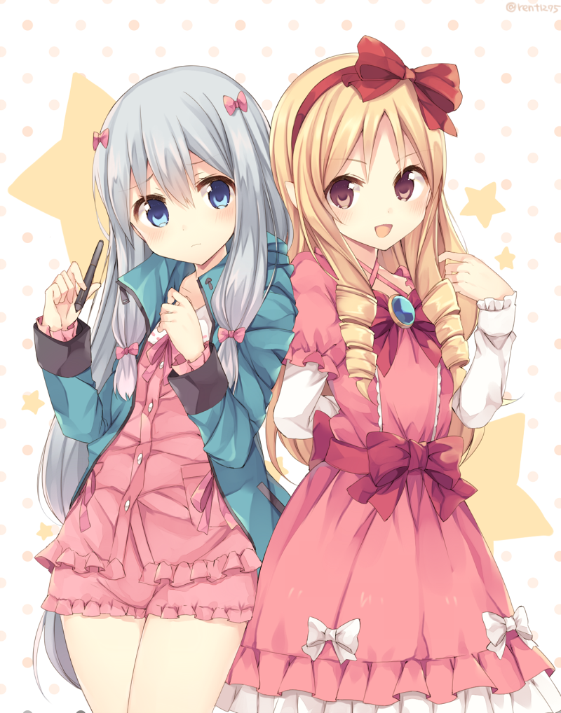 2girls blonde_hair blue_eyes bow brown_eyes dress drill_hair eromanga_sensei frown hairband holding holding_pen izumi_sagiri jacket long_sleeves multiple_girls open_clothes open_jacket open_mouth pen pink_bow pink_dress polka_dot polka_dot_background red_bow red_hairband rento_(rukeai) short_shorts shorts silver_hair smile star starry_background yamada_elf