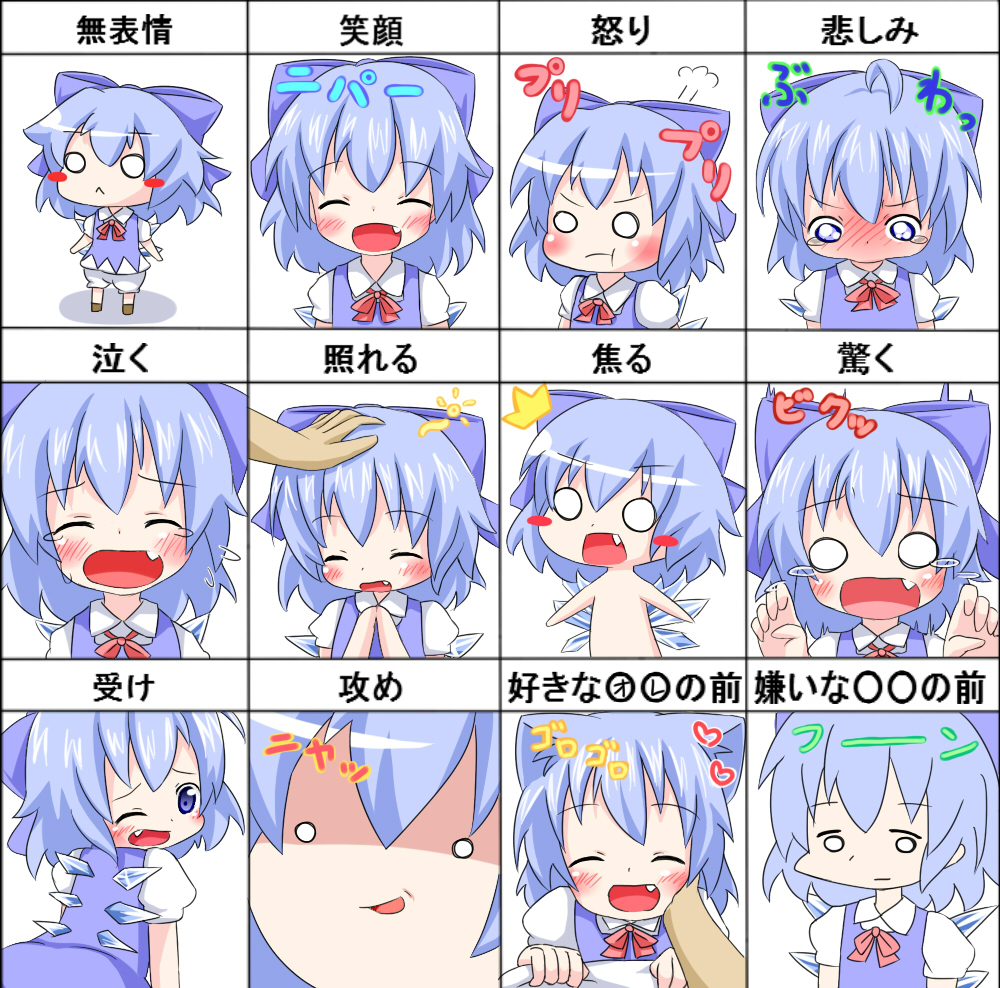 /\/\/\ 1girl :d :t ^_^ bangs blue_bow blue_dress blue_eyes blue_hair blush blush_stickers bow cirno closed_eyes closed_mouth collared_shirt commentary_request dress expression_chart expressions eyebrows_visible_through_hair facing_viewer fang flying_sweatdrops hair_between_eyes hair_bow ice ice_wings looking_at_viewer makuran nose_blush o_o open_mouth petting pout puffy_short_sleeves puffy_sleeves shirt short_sleeves sleeveless sleeveless_dress smile smirk surprised tears touhou translation_request v-shaped_eyebrows white_shirt wings