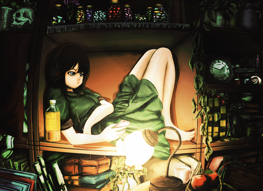 1girl apple barefoot black_hair book bottle box cellphone closed_mouth commentary_request dress flat_(oab71kq) food from_side fruit green_dress green_eyes headphones holding holding_cellphone holding_phone lamp night original phone reclining scroll skull smartphone solo vial