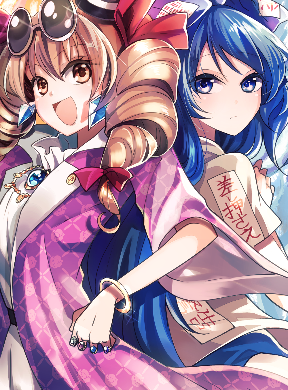 2girls :d arched_back back-to-back belt blonde_hair blue_background blue_eyes blue_hair bow bracelet commentary_request cowboy_shot debt dress drill_hair earrings eyebrows_visible_through_hair eyewear_on_head flat_chest glint grey_hoodie hair_between_eyes hair_bow hair_ribbon hand_on_hip hand_on_own_chest hat high_collar highres jacket jewelry katayama_kei light_frown long_hair looking_at_viewer looking_back medium_sleeves mini_hat mini_top_hat multiple_girls open_clothes open_jacket open_mouth orange_background orange_eyes pendant ribbon ring short_hair short_sleeves siblings sisters smile sunglasses top_hat touhou tress_ribbon twin_drills two-tone_background very_long_hair white_dress yorigami_jo'on yorigami_shion