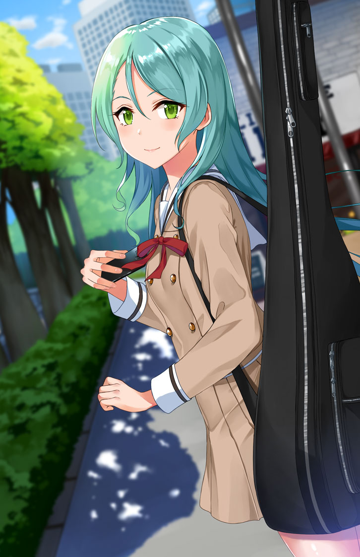 1girl aqua_hair asato_(fadeless) bang_dream! blurry blurry_background blush brown_dress building bush cellphone clenched_hand commentary_request double-breasted dress dutch_angle eyebrows_visible_through_hair green_eyes guitar_case hair_between_eyes hikawa_sayo holding holding_phone instrument_case long_hair long_sleeves neck_ribbon outdoors phone red_neckwear ribbon sailor_dress sidewalk smartphone smile solo tree