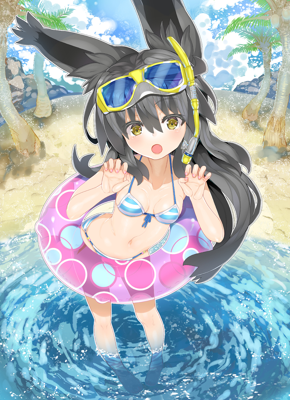 1girl animal_ears bikini black_hair breasts char cleavage collarbone goggles goggles_on_head highres innertube long_hair looking_at_viewer nail_polish navel necro-san open_mouth original pink_nails snorkel solo striped striped_bikini swimsuit wading yellow_eyes