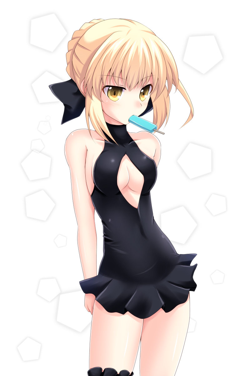 1girl arms_behind_back artoria_pendragon_(all) artoria_pendragon_(swimsuit_rider_alter) bare_shoulders blonde_hair bow breasts cleavage cleavage_cutout collarbone cross_(crossryou) eyebrows_visible_through_hair fate/grand_order fate_(series) food frills hair_bow halterneck highres leg_garter mouth_hold one-piece_swimsuit popsicle short_hair simple_background solo standing swimsuit yellow_eyes