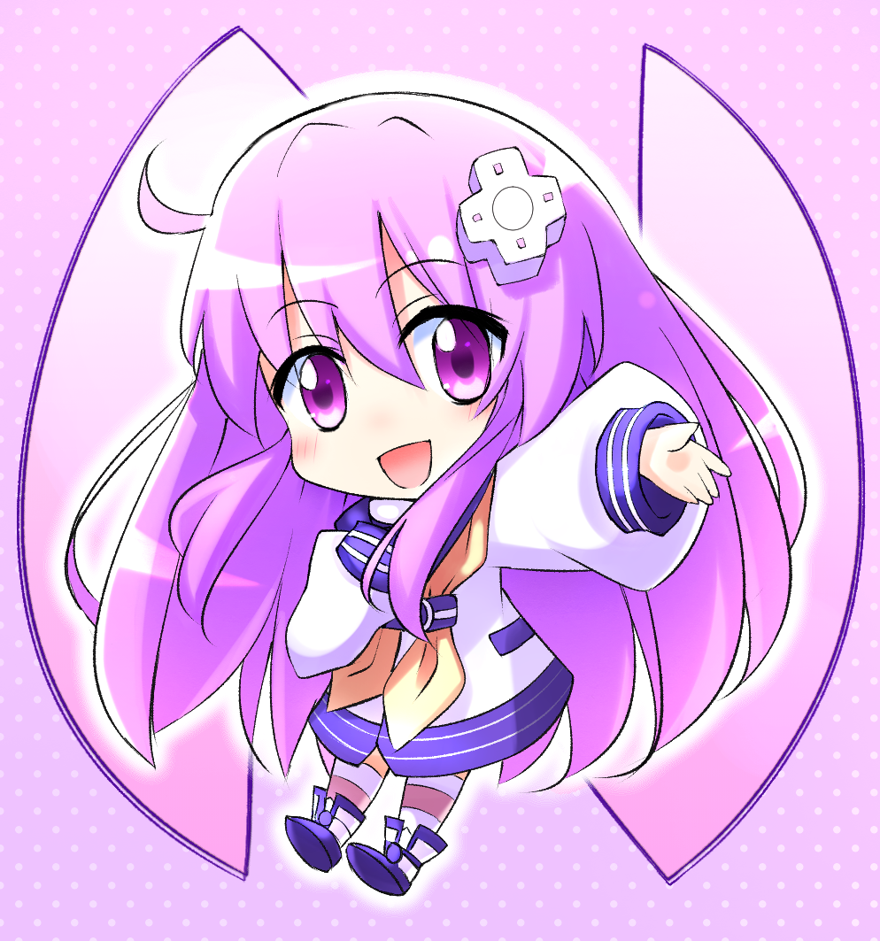 1girl :d blush chibi choujigen_game_neptune commentary d-pad d-pad_hair_ornament doria_(5073726) eyebrows_visible_through_hair hair_between_eyes hair_ornament horizontal-striped_legwear horizontal_stripes long_hair looking_at_viewer nepgear neptune_(series) open_mouth outstretched_arm power_symbol purple_hair smile solo striped striped_legwear violet_eyes