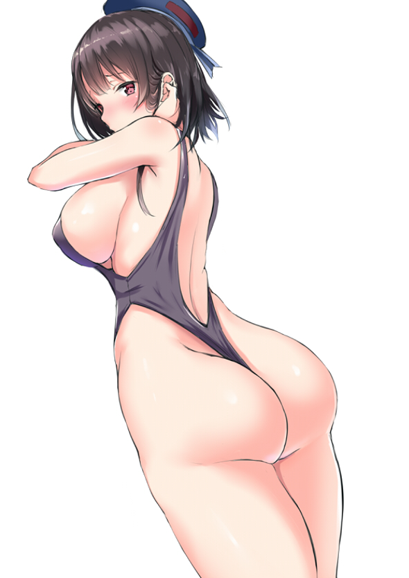 1girl ass beret black_swimsuit blue_hat blush breasts brown_hair from_behind hat kantai_collection looking_at_viewer looking_back medium_breasts one-piece_swimsuit red_eyes short_hair sideboob simple_background solo standing swimsuit takao_(kantai_collection) white_background yukishiro_arute