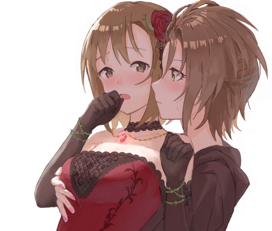 2girls akii bare_shoulders black_gloves blush breasts brown_eyes brown_hair choker elbow_gloves flower gloves groping hair_flower hair_ornament hand_to_own_mouth idolmaster idolmaster_cinderella_girls kimura_natsuki multiple_girls short_hair small_breasts sweatdrop tada_riina upper_body white_background yuri