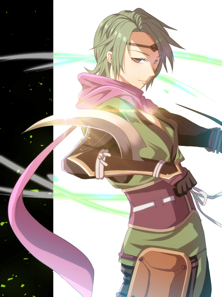 1boy brown_eyes cimeri circlet fire_emblem fire_emblem_heroes fire_emblem_if gloves green_hair male_focus ninja scarf solo sparkle suzukaze_(fire_emblem_if)