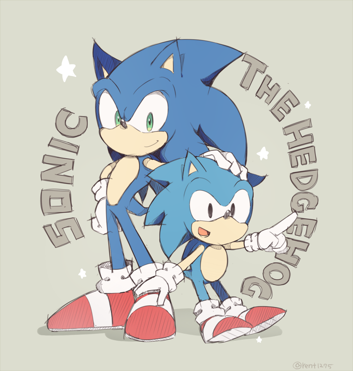 english gloves green_eyes hand_on_another's_head hedgehog multiple_persona pointing red_footwear rento_(rukeai) sideways_mouth smile sonic sonic_the_hedgehog star title white_gloves