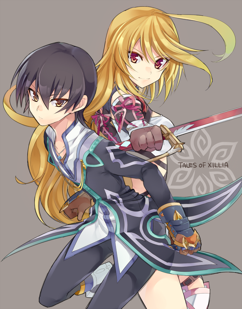 1boy 1girl ahoge black_hair blonde_hair boots bow brown_gloves detached_sleeves gloves holding holding_sword holding_weapon jude_mathis long_hair long_sleeves looking_at_viewer milla_maxwell pants red_bow red_eyes rento_(rukeai) smile sword tales_of_(series) tales_of_xillia weapon yellow_eyes