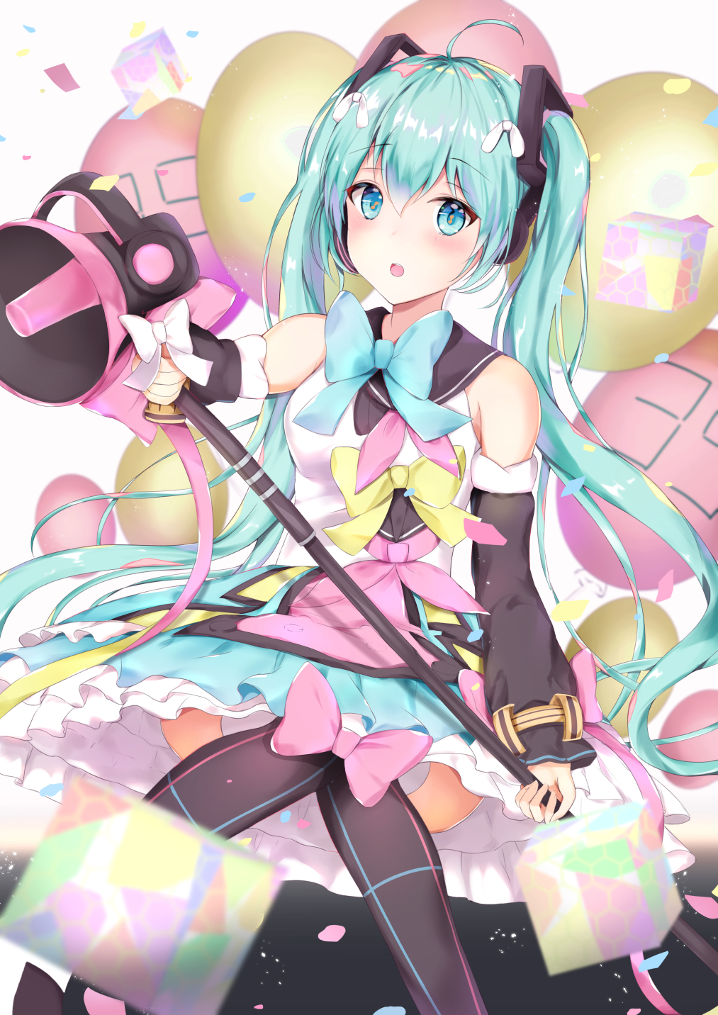 1girl :o ahoge balloon bangs bare_shoulders black_legwear blue_bow blue_eyes blue_skirt blurry blurry_foreground blush bow commentary_request cube depth_of_field detached_sleeves eyebrows_visible_through_hair green_hair hair_between_eyes hair_ornament hatsune_miku highres holding houraku long_hair long_sleeves looking_at_viewer magical_mirai_(vocaloid) megaphone musical_note-shaped_pupils parted_lips pink_bow shirt single_detached_sleeve sitting skirt sleeveless sleeveless_shirt solo symbol-shaped_pupils thigh-highs twintails upper_teeth very_long_hair vocaloid white_shirt yellow_bow