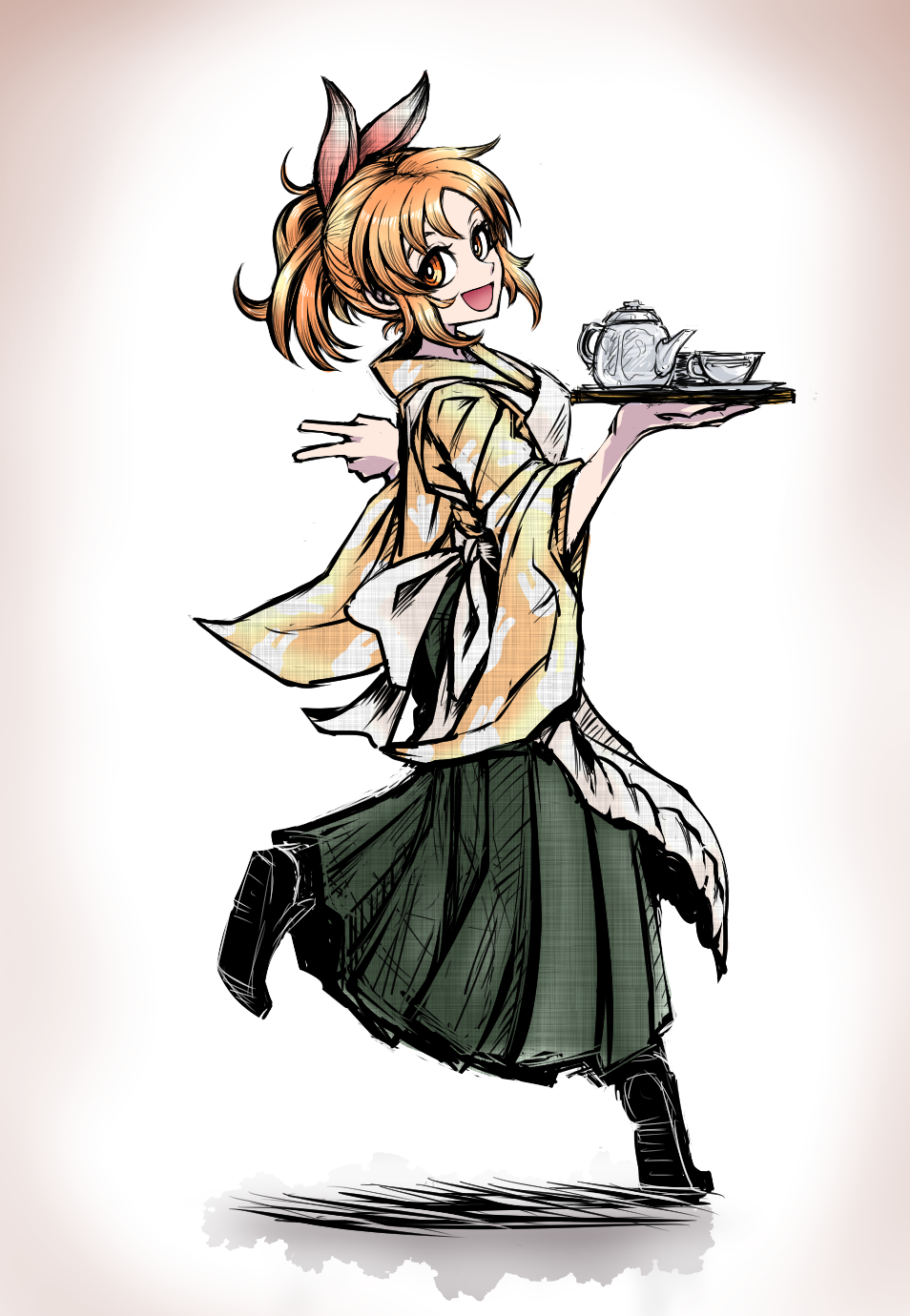 1girl abe_nana animal_print apron bow bunny_print commentary_request cup full_body hair_bow highres holding holding_tray idolmaster idolmaster_cinderella_girls japanese_clothes kimono long_skirt looking_back maid_apron nazo_no_diaboro open_mouth orange_eyes orange_hair ponytail simple_background sketch skirt smile solo standing standing_on_one_leg tea_set teacup teapot tray v wa_maid waitress wide_sleeves