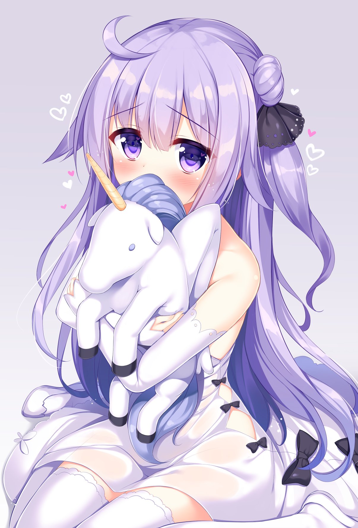 1girl ahoge azur_lane bangs bare_shoulders black_bow black_ribbon blush bow commentary_request covered_mouth detached_sleeves dress eyebrows_visible_through_hair grey_background hair_between_eyes hair_bun hair_flaps hair_ribbon heart highres long_hair long_sleeves looking_at_viewer object_hug one_side_up purple_hair ribbon shoes side_bun sitting sleeveless sleeveless_dress sleeves_past_wrists solo stuffed_animal stuffed_pegasus stuffed_toy stuffed_unicorn thigh-highs tomoo_(tomo) unicorn_(azur_lane) very_long_hair violet_eyes wariza white_dress white_footwear white_legwear