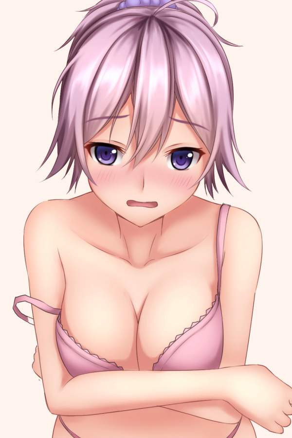 1girl ahoge aoba_(kantai_collection) bangs blush bra breasts cleavage collarbone crossed_arms embarrassed eyebrows_visible_through_hair hair_between_eyes hair_ornament hair_scrunchie kantai_collection looking_at_viewer medium_breasts off_shoulder open_mouth panties pink_bra pink_hair pink_panties ponytail purple_scrunchie scrunchie short_hair simple_background solo tapisuke underwear underwear_only upper_body violet_eyes white_background