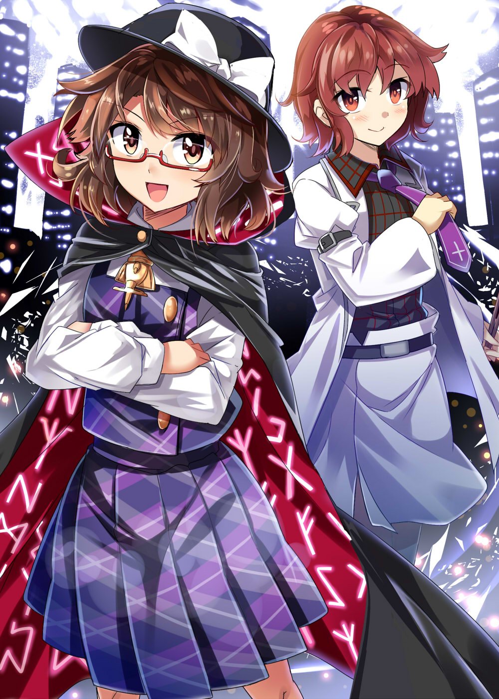 2girls :d belt black_belt black_cape black_hat black_legwear blush bow brown_eyes brown_hair cape coat commentary_request crossed_arms drumsticks e.o. eyebrows_visible_through_hair fedora feet_out_of_frame hat hat_bow highres holding horikawa_raiko long_sleeves looking_at_viewer multiple_girls necktie open_mouth purple_neckwear purple_skirt purple_vest red-framed_eyewear red_eyes redhead short_hair skirt smile standing touhou unmoving_pattern usami_sumireko vest white_bow white_coat white_skirt wing_collar