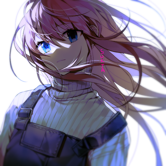 1girl artist_name bangs blue_eyes frown hair_blowing long_hair looking_at_viewer original overalls pink_hair ribbed_sweater shade solo sukja sweater turtleneck turtleneck_sweater upper_body white_background