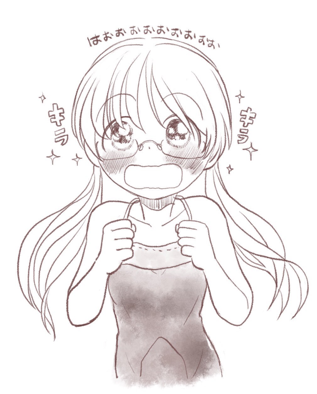 1girl :d bare_shoulders blush clenched_hands eyebrows_visible_through_hair glasses greyscale hands_up happy highres long_hair looking_at_viewer low_twintails made_in_abyss miya_(miyabio) monochrome open_mouth riko_(made_in_abyss) semi-rimless_eyewear shirt simple_background sleeveless sleeveless_shirt smile solo sparkling_eyes twintails under-rim_eyewear upper_body white_background wide-eyed