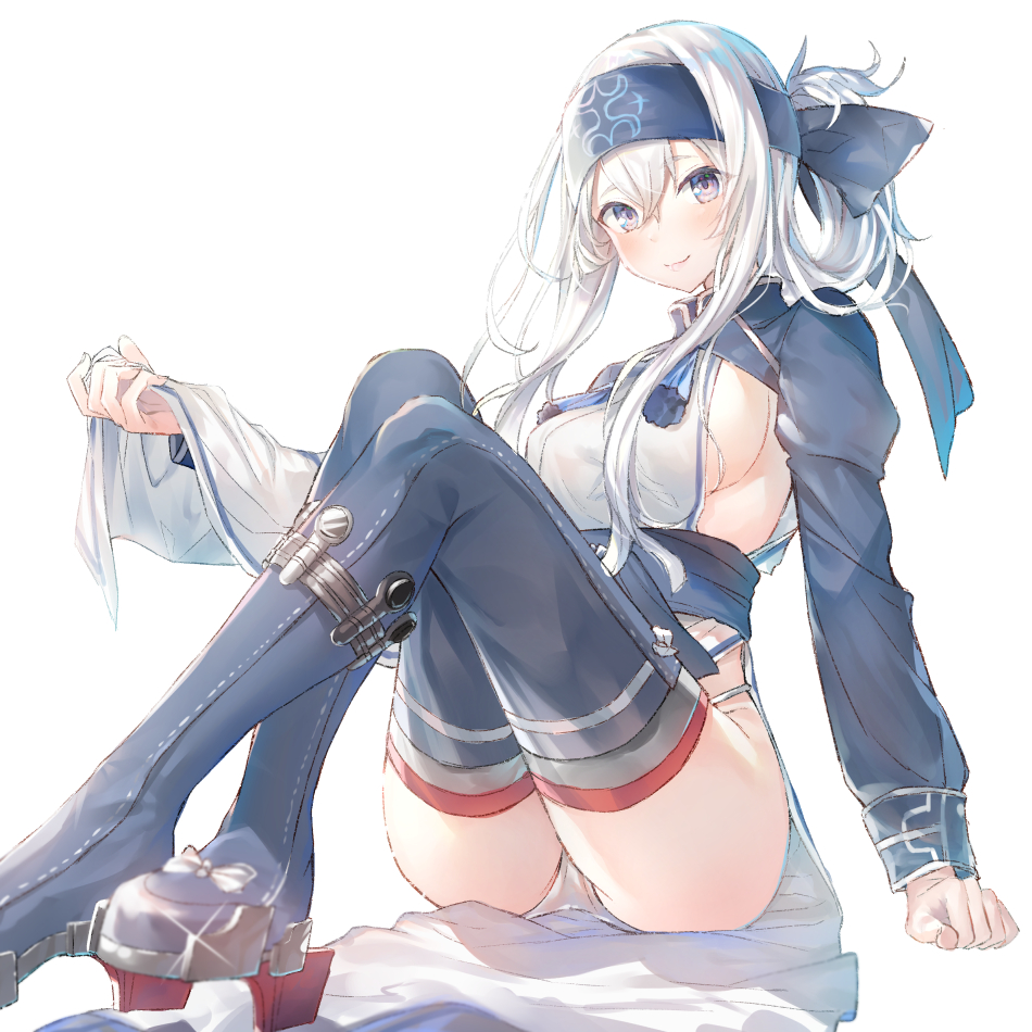 1girl ainu ainu_clothes bangs blue_eyes blush breasts closed_mouth commentary_request folded_ponytail hair_between_eyes hakuishi_aoi hand_up headband kamoi_(kantai_collection) kantai_collection large_breasts long_hair long_sleeves looking_at_viewer pelvic_curtain sash sideboob silver_hair simple_background sitting smile solo thigh-highs white_background white_hair wrist_guards