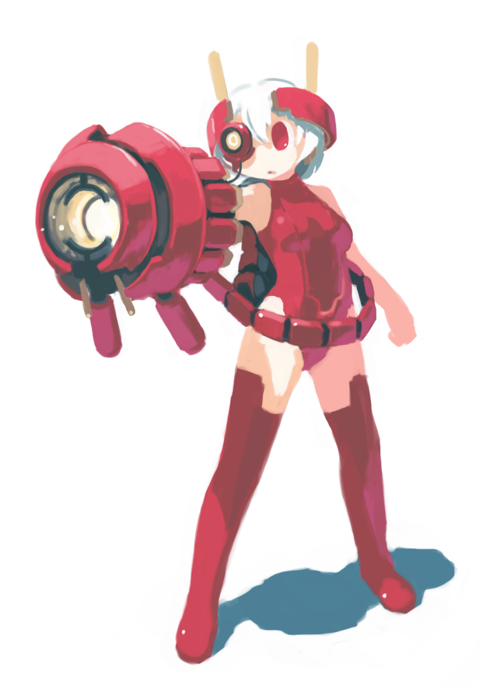 1girl arm_cannon bare_arms bare_hips bare_shoulders boots breasts cable commentary_request full_body hair_between_eyes headgear legs_apart leotard mecha_musume medium_breasts no_nose no_pupils original outstretched_arm red_eyes red_legwear red_leotard robot_ears sakamoto_ahiru shadow short_hair simple_background solo standing thigh-highs thigh_boots weapon white_background white_hair