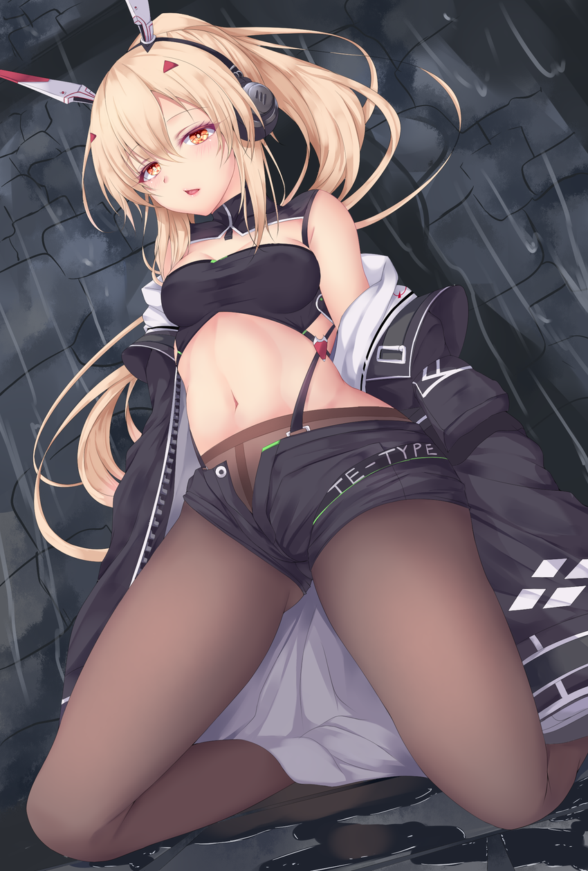 1girl ayanami_(azur_lane) azur_lane bangs black_legwear black_shorts blonde_hair blush breasts brown_eyes cleavage coat collarbone hair_between_eyes half-closed_eyes headgear headphones high_ponytail highres kneeling light_brown_hair long_hair looking_at_viewer medium_breasts midriff navel off_shoulder open_clothes open_coat open_mouth outdoors pantyhose pantyhose_under_shorts ponytail rain shiro_usagi short_shorts shorts sidelocks smile solo stomach strapless tubetop very_long_hair zipper