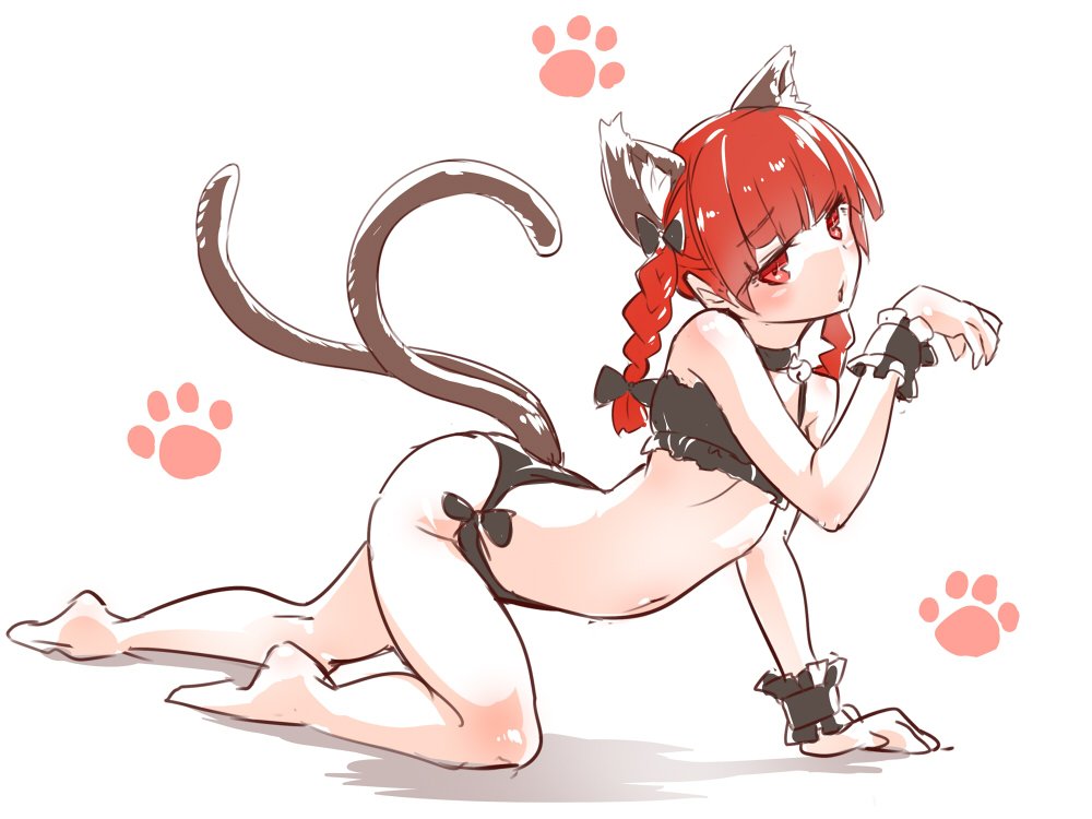 1girl all_fours animal_ears asutora black_bow bow braid cat_ears cat_lingerie claw_pose commentary_request from_side hair_bow hand_up kaenbyou_rin looking_at_viewer looking_to_the_side meme_attire nekomata parted_lips paw_print red_eyes redhead simple_background solo tail touhou twin_braids white_background wrist_cuffs