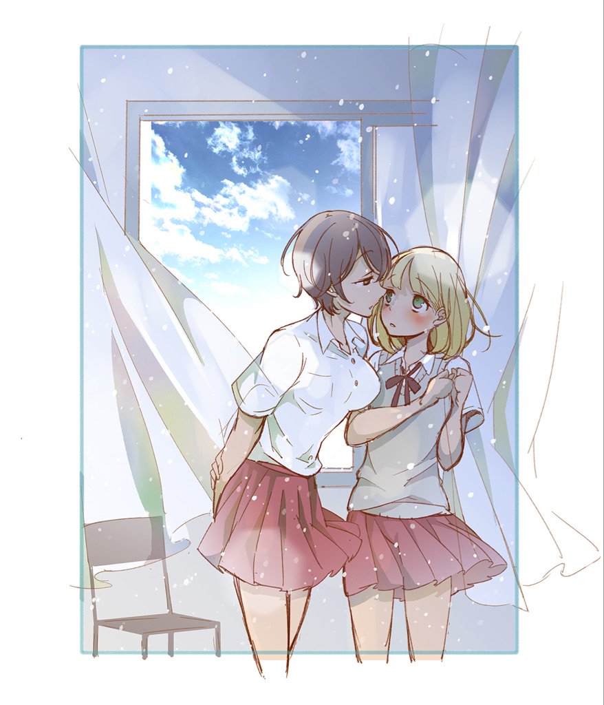 2girls arm_at_side arms_behind_back asagao_to_kase-san bangs black_hair blonde_hair bloom blunt_bangs blush bob_cut border brown_eyes chair clenched_hand commentary_request couple cowboy_shot cropped_legs curtains day eye_contact eyebrows_visible_through_hair frame green_eyes imamu45 indoors kase_tomoka lens_flare looking_at_another multiple_girls necktie own_hands_together parted_lips pleated_skirt red_neckwear red_skirt school_uniform shirt short_hair skirt sky squinting standing staring sweater_vest tagme white_border white_shirt window windowboxed yamada_yui yuri