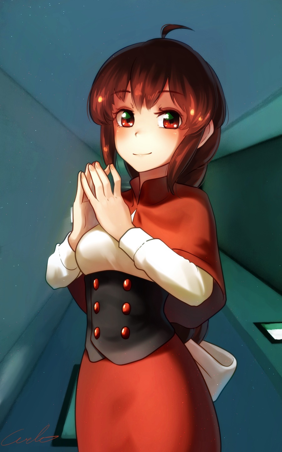 1girl ahoge brown_hair capelet commentary_request eyebrows_visible_through_hair highres long_hair looking_at_viewer okazaki_yumemi red_capelet red_eyes signature smile solo steepled_fingers touhou upper_body welt_(kinsei_koutenkyoku)