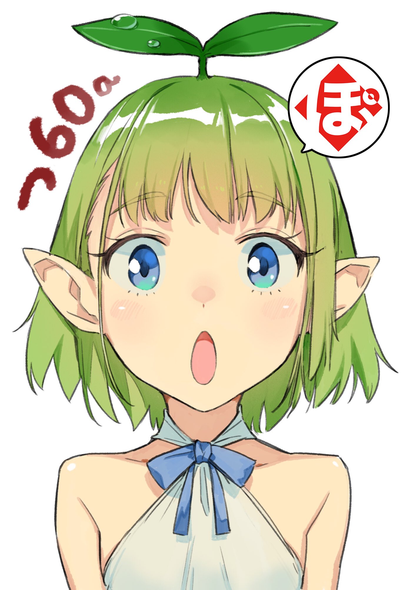 1girl :o bare_shoulders blue_eyes blue_neckwear bow bowtie commentary_request dress flat_chest green_eyes green_hair highres leaf leaf_on_head looking_at_viewer nonco open_mouth original short_hair simple_background solo upper_body white_background white_dress