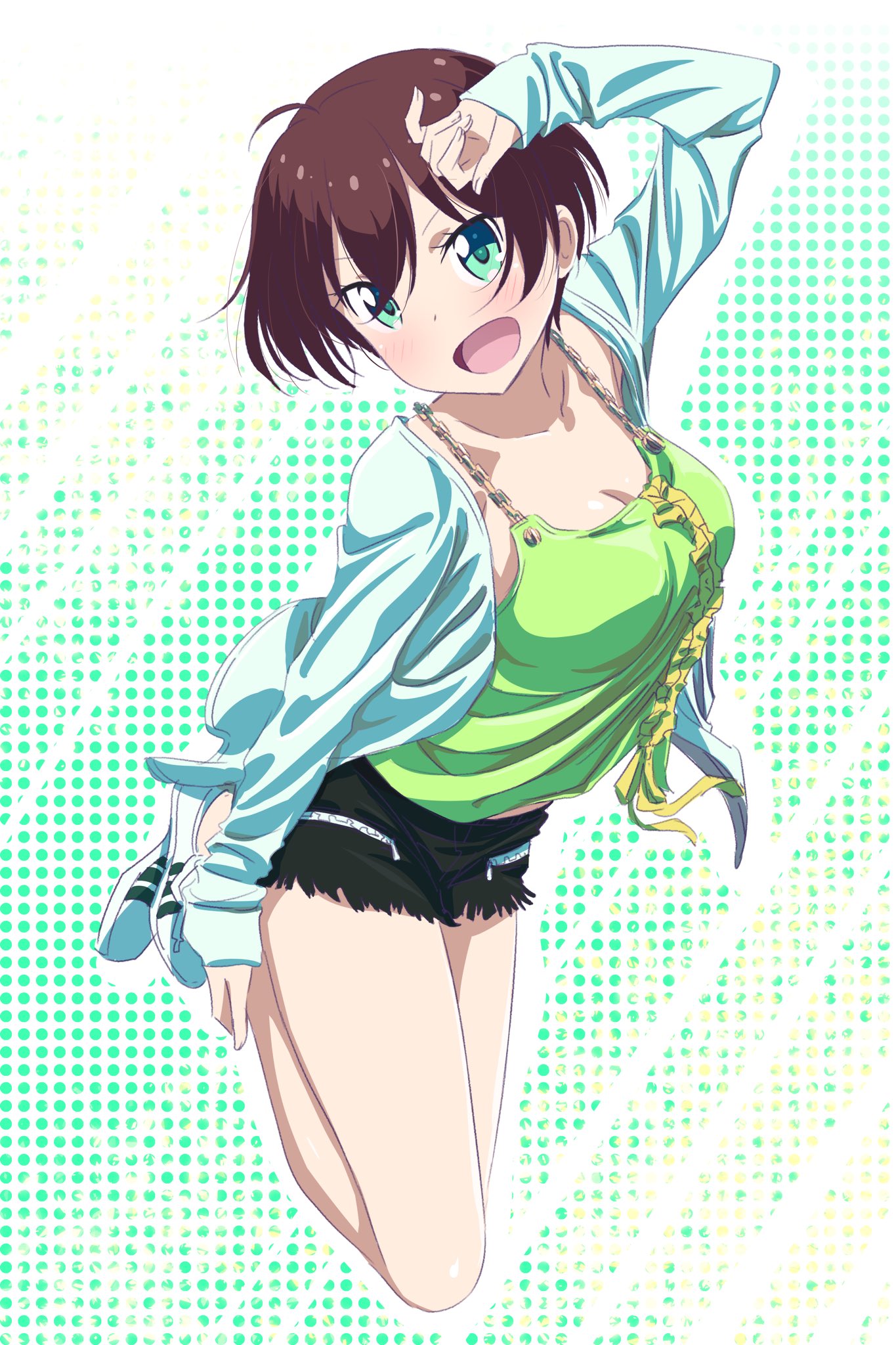 1girl :d arm_up black_shorts blue_jacket breasts brown_hair cleavage collarbone green_eyes green_shirt head_tilt highres jacket large_breasts new_game! open_clothes open_jacket open_mouth pink_x ribbon shinoda_hajime shirt shoes short_hair short_shorts shorts sleeveless sleeveless_shirt smile sneakers solo white_footwear yellow_ribbon