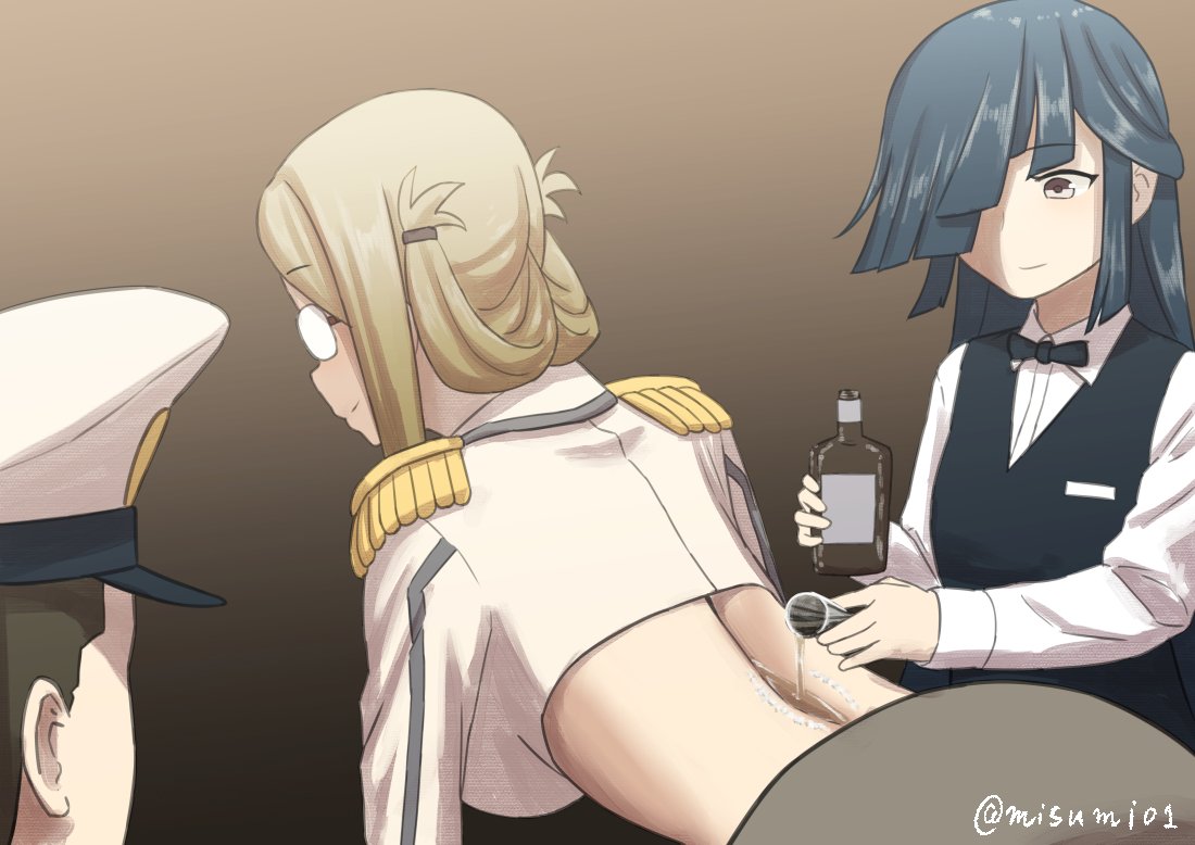 1boy 2girls admiral_(kantai_collection) all_fours alternate_costume bartender black_hair bottle breasts brown_hair commentary_request cup epaulettes folded_ponytail glasses hair_over_one_eye hat hayashimo_(kantai_collection) hime_cut holding imperial_japanese_navy kantai_collection katori_(kantai_collection) large_breasts light_brown_hair long_hair long_sleeves military military_hat military_uniform misumi_(niku-kyu) multiple_girls naval_uniform peaked_cap twitter_username uniform very_long_hair