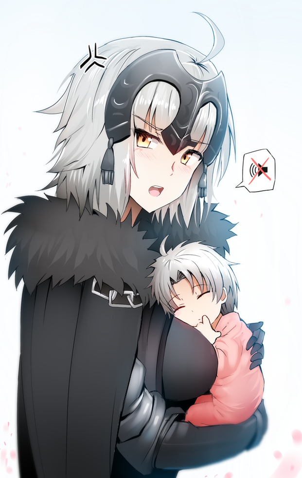1boy 1girl ahoge anger_vein armor armored_dress baby black_dress breasts cape commentary dress fate/grand_order fate_(series) fur_trim gauntlets ginhaha headpiece jeanne_d'arc_(alter)_(fate) jeanne_d'arc_(fate)_(all) looking_at_viewer medium_breasts mother_and_son open_mouth short_hair silver_hair sleeping spoken_x upper_body yellow_eyes