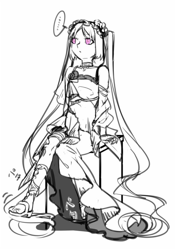 ... 1girl absurdly_long_hair bare_shoulders commentary_request euryale fate/hollow_ataraxia fate_(series) greyscale hairband lolita_hairband long_hair monochrome sandals shadow sitting sketch solo spoken_ellipsis spot_color twintails very_long_hair violet_eyes white_background wwwwondefulwater