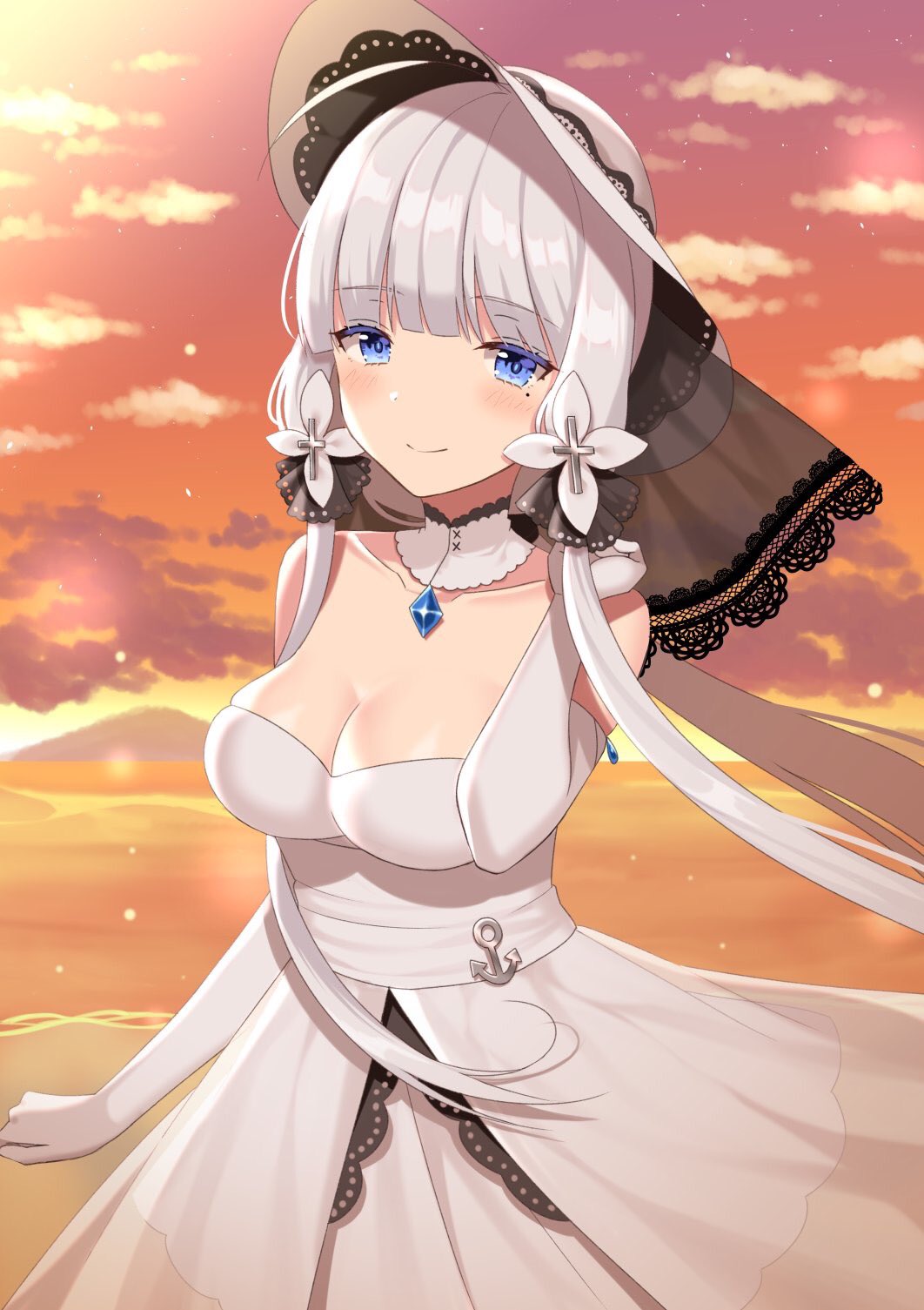 1girl ahoge anchor_symbol armlet azur_lane bangs bare_shoulders beach blue_eyes blush breasts choker cleavage closed_mouth clouds collarbone dress elbow_gloves eyebrows_visible_through_hair floating_hair gloves hair_ornament hair_ribbon hand_up hat highres illustrious_(azur_lane) izumo_neru jewelry lace-trimmed_hat large_breasts long_hair looking_at_viewer low_twintails mole mole_under_eye ocean orange_sky outdoors pendant ribbon sapphire_(stone) sidelocks sky smile solo strapless strapless_dress sun_hat sunset tress_ribbon twintails upper_body white_dress white_gloves white_hair white_hat