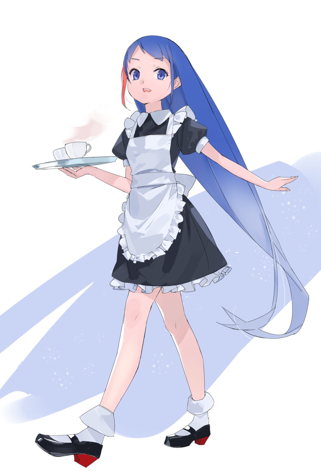 1girl apron arms_up back_bow bangs black_dress black_footwear blue_eyes blue_hair bow breasts collared_dress commentary_request cup dress eyebrows_visible_through_hair frilled_apron frills full_body highlights highres holding holding_tray long_hair looking_at_viewer multicolored_hair original outstretched_arm parted_bangs pikumin pleated_dress puffy_short_sleeves puffy_sleeves short_sleeves simple_background small_breasts socks solo standing steam teacup tray very_long_hair white_apron white_background white_legwear wing_collar