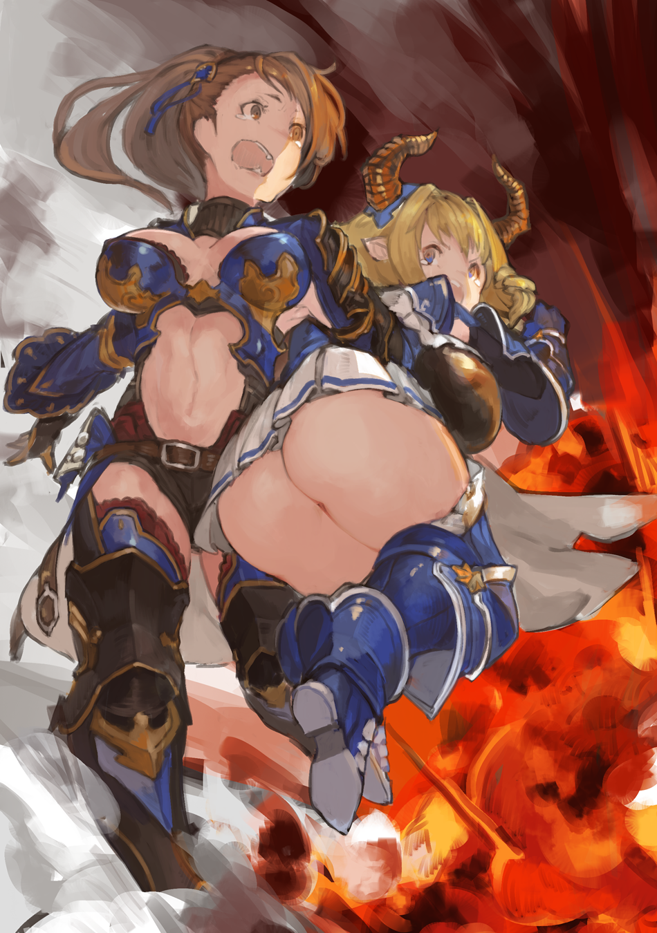 2girls armor ass bangs beatrix_(granblue_fantasy) belt blonde_hair blue_eyes breasts brown_eyes brown_hair carrying_under_arm cleavage commentary_request draph explosion gauntlets gloves granblue_fantasy greaves highres horns large_breasts long_hair multiple_girls n9+ navel open_mouth pointy_ears ponytail rastina skirt tears thigh-highs very_long_hair white_skirt